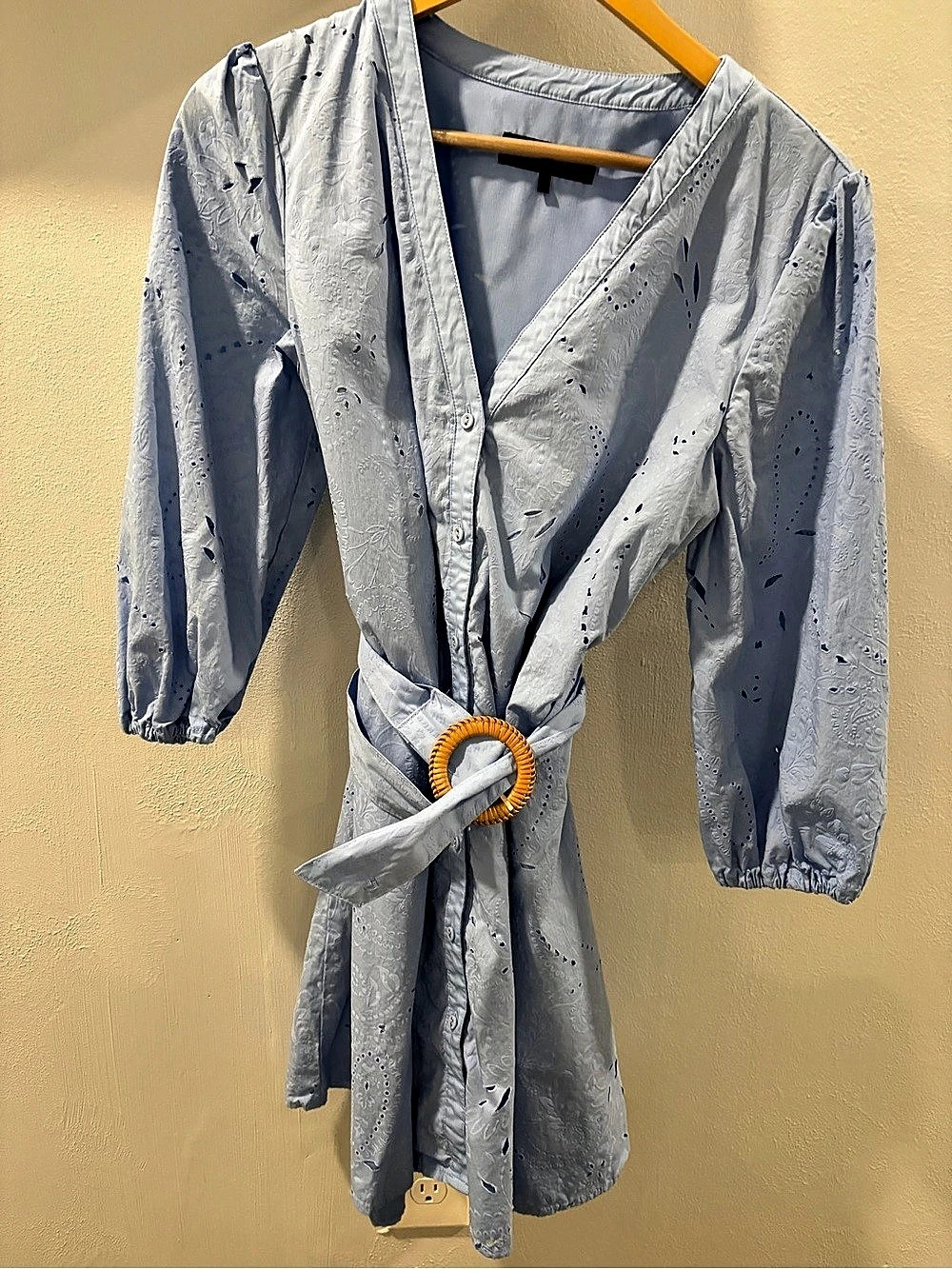 Zara Eyelet Embroidered Belted Shirt Dress Blue